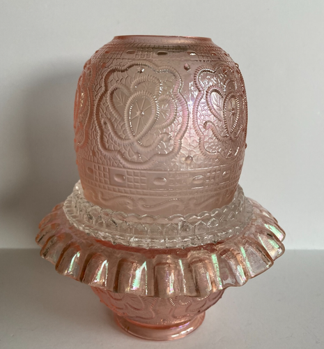 Vintage Fenton Glass Persian Medallion 3pc Ruffle Fairy Lamp Pink Iridescent - Picture 7 of 24