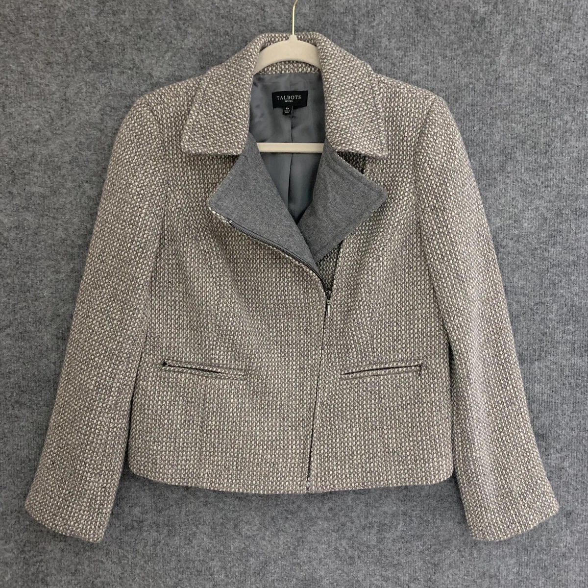 Talbots Jacket Petite 6P Gray Beige Metallic Silver Asymmetric Zip