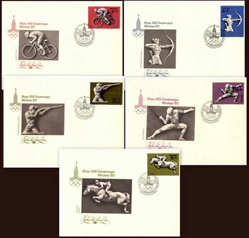 Russia USSR FDC - set of 5 1st Day Covers 1977/09/22, XXII Olympics Moscow 1980
