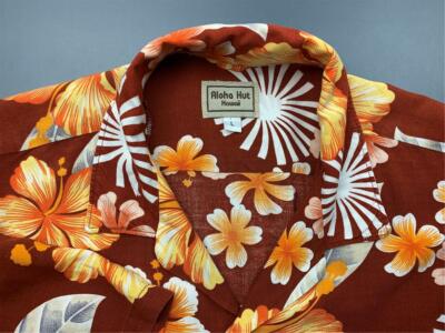 Vintage ALOHA HUT Hawaiian Button-Front Shirt Rayon Floral Large Rust Hibiscus