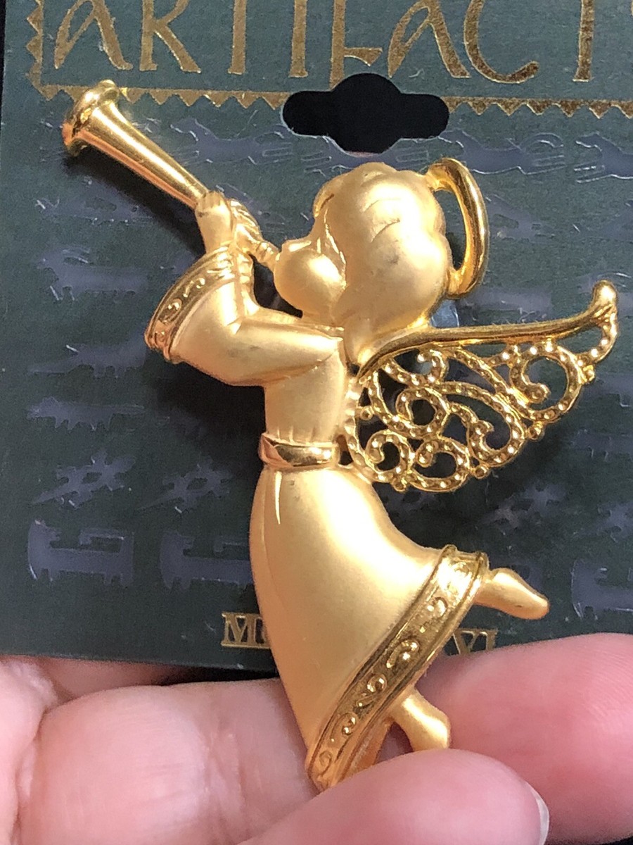 Vtg JJ Jonette Jewelry Gold Tone Angel w Horn Trumpet Pewter