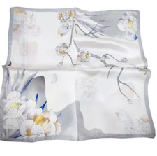 100% Silk 20" small Square Scarf Women neckerchief Wrap floral gray blue
