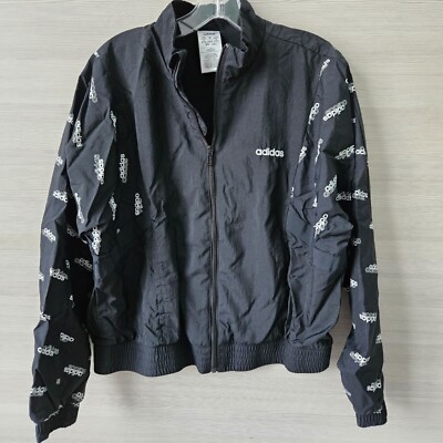 Adidas Womens Black Full-Zip Sport Track Jacket All-Over Logo Elastic Hem  M