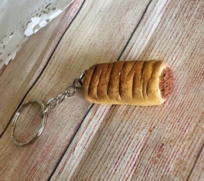 Polymer Clay Sausage Roll Keyring miniature food jewellery