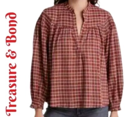 Treasure & Bond Womens Top Sz-3X Pull Over Plaid Rust Browns Ballon Sleeves