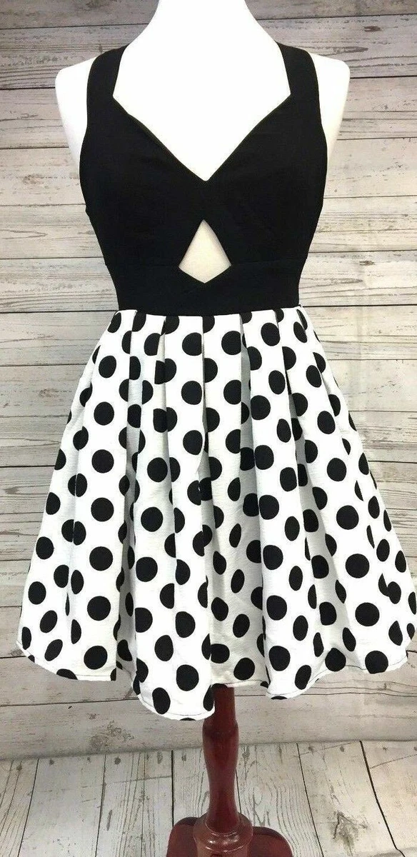 Renn Polka Dot Dress Black White Bow Back Cut Out Juniors Modern Retro Size 8