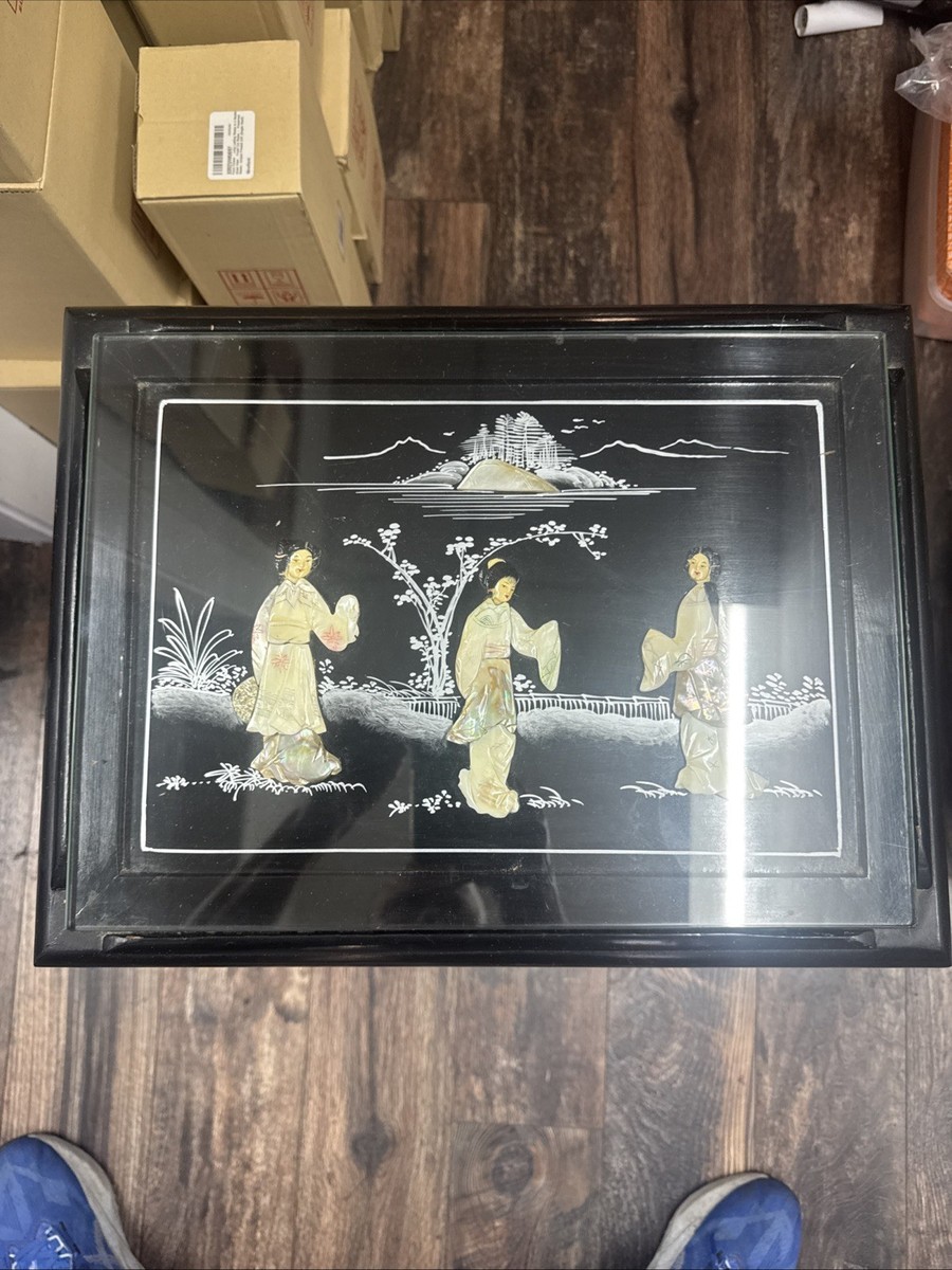 Oriental Black Japanese Furniture Lacquer Wood Side Table W. Glass