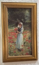 Vintage gerahmtes Wandbild romantische Dame im Mohnfeld Druck