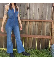 Women's 70's Style Denim Sleeveless Jumpsuit with Front Zipper and Wide Legs