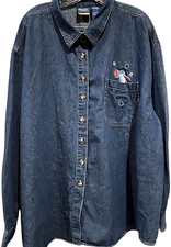 VTG Pooh Disney Woman Eeyore Denim Blouse 30W/32W Long Sleeves 100 Cotton VGUC