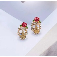 Tiny Skulls Day of the Dead Halloween inspired Rhinestones Earrings