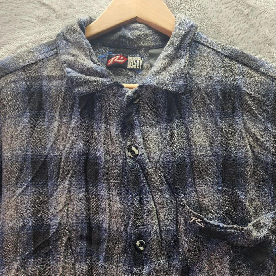 Rusty Surf Co. Camisa Vintage A Cuadros Abotonada Azul Gris Manga Corta Patinador XL Foto 3 de 4