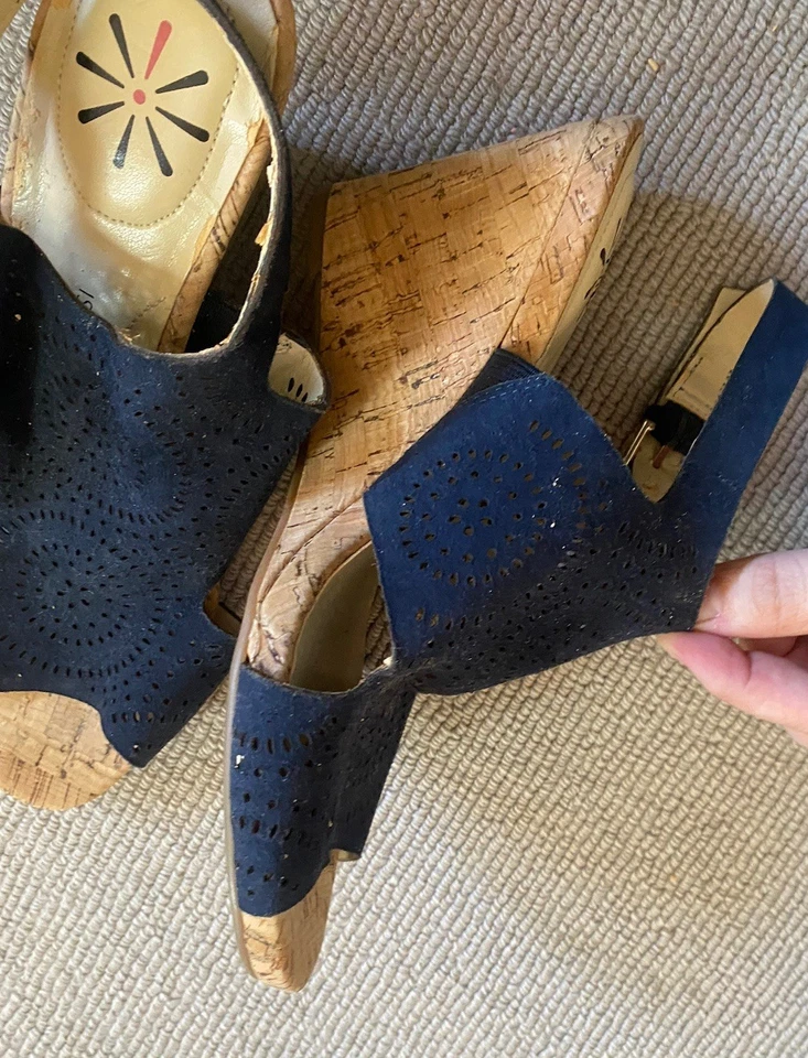 Isaac Mizrahi Live Navy Suede Sling back Wedge Platform Sandals Gently Used 7 - Image 2 of 4