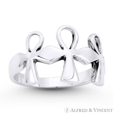 Triple-Ankh  Cross Egyptian Key-of-Life Crux Ansata Ring in .925 Sterling Silver