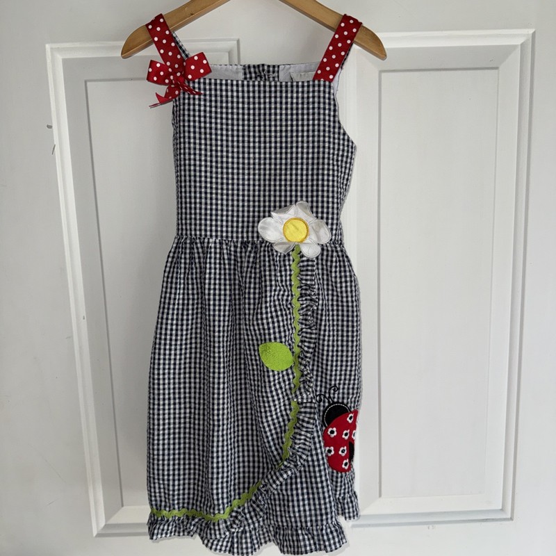 Rare Editions Dress Navy White Seersucker Flower Ladybug Dress Sz 5