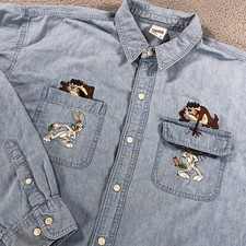 Vintage Warner Bros Shirt Men Extra Large Blue Denim Bugs Taz Embroidered Studio