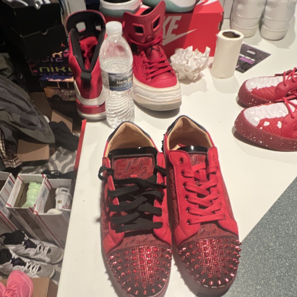 Christian Louboutin Red & Black Spiked Leather Low-Top Sneakers