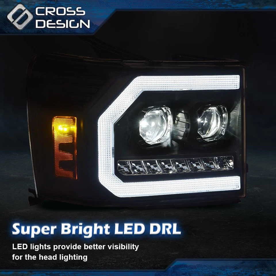 LED DRL Tube Projector Headlights Fit For 07-13 GMC Sierra 1500 2500HD 3500HD - Image 3 of 4