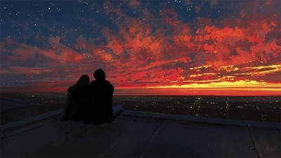Anime sun sunset clouds art painting drawing city Play Gaming Mat Desk Game