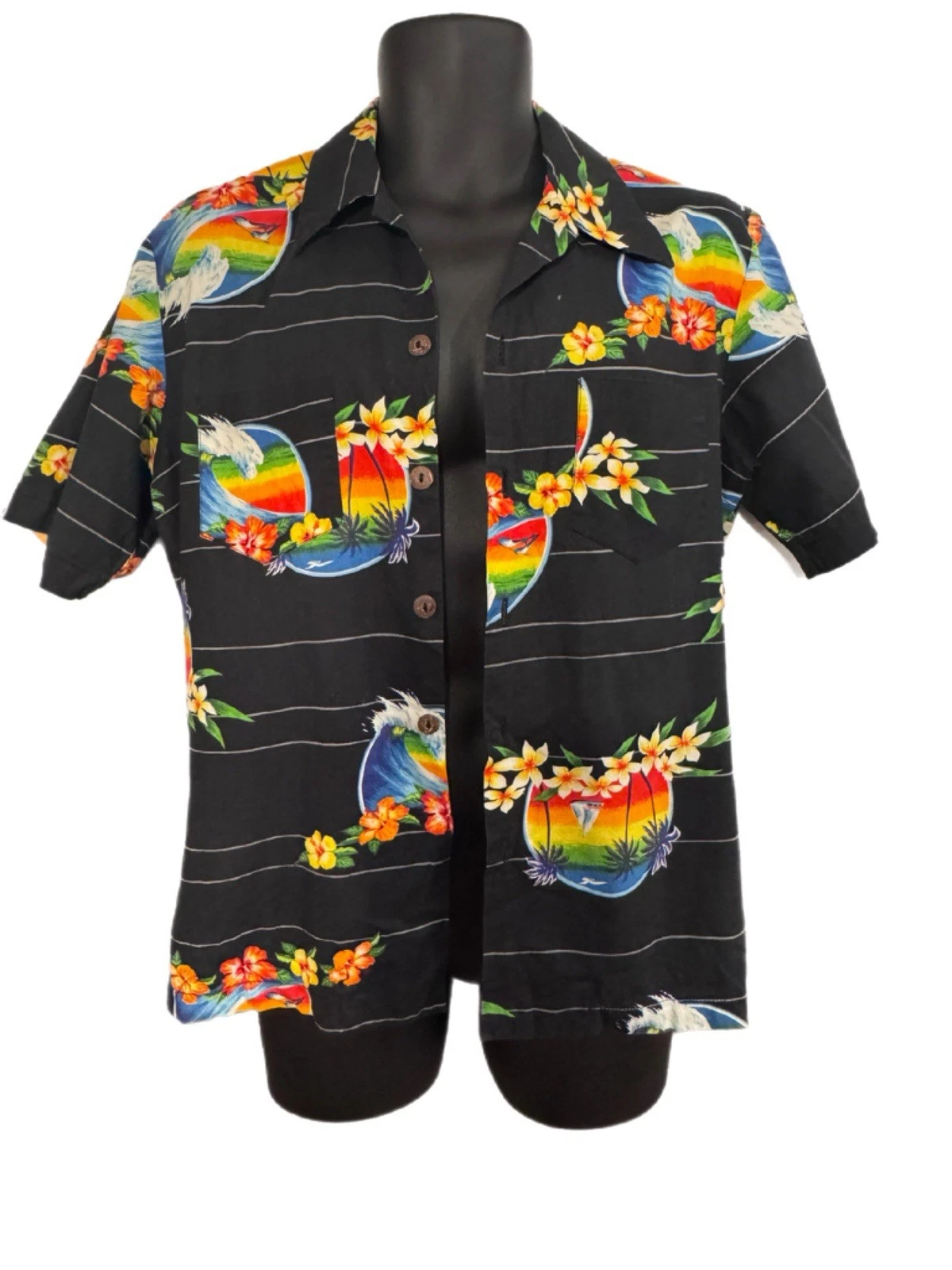 Men's Tropical Hawaiian Black Multicolor Cotton Short Sleeve Button-Up Shirt