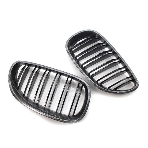 For BMW E60 E61 2003-2010 2Pcs ABS Carbon+Black Dual Slat Front Bumper Grilles - Picture 5 of 9