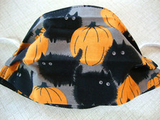 FACE MASK - ADULT - "HALLOWEEN CATS PUMPKINS" - NEW - REVERSIBLE - HOMEMADE