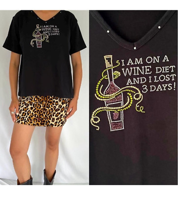 90s vintage black rhinestone wine diet funny spellout short sleeved tshirt top