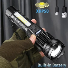 Super-Bright Tactical LED Flashlight Rechargeable Zoomable Torch w/ Work Light
