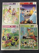 4 Lot Vintage Disney Golden Frame Tray Puzzle Cinderella Snow White Bambi Picnic