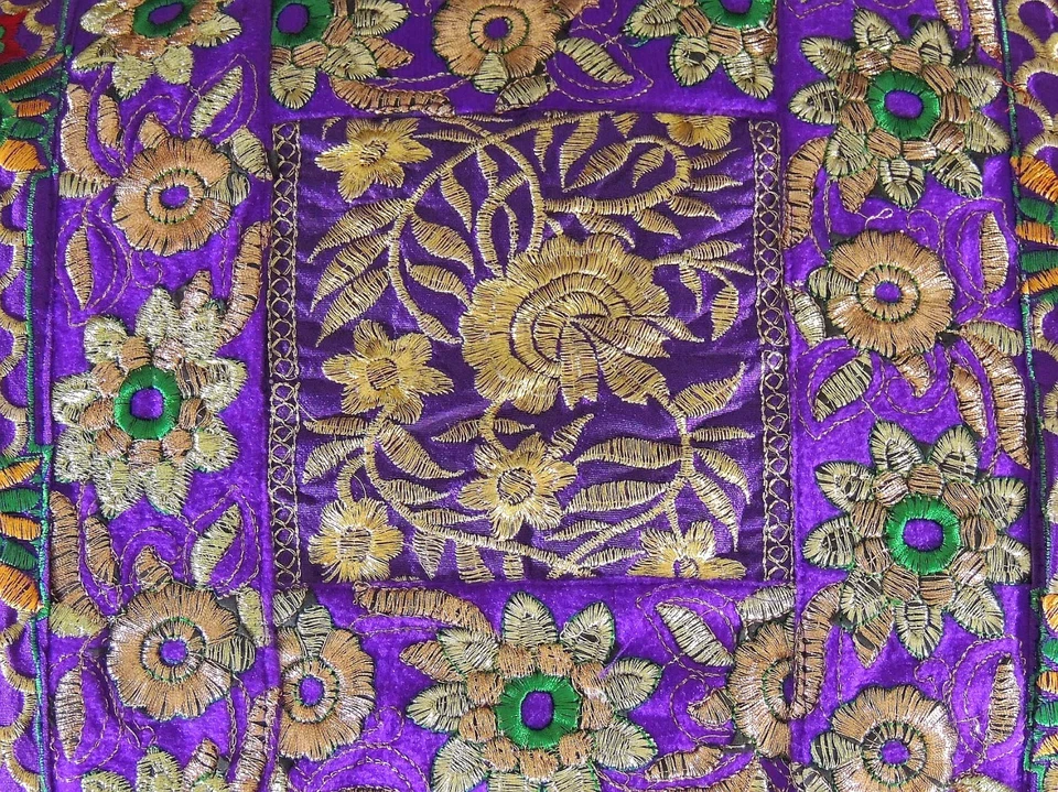 Purple Gold Embroidered Pouf Footstool Cover - Trendy Ethnic Indian Ottoman 18" - Image 3 of 4