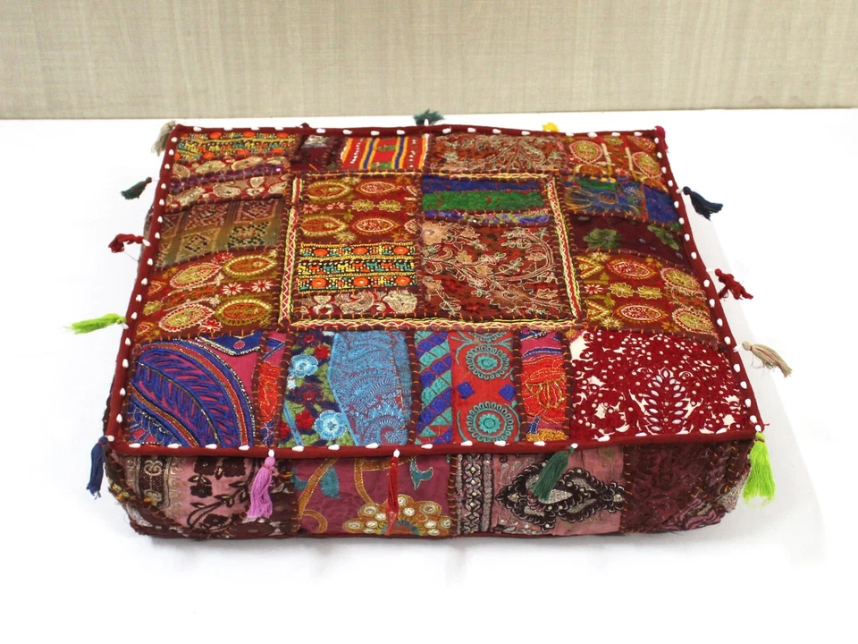 Brown Patchwork Square Floor Pillow Bohemian Decorative Pillow Vintage Cover AU - Image 2 of 4