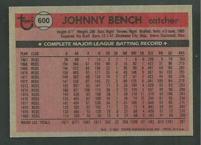 1981 Topps #600 Johnny Bench NL All Star Baseball Card Cincinnati