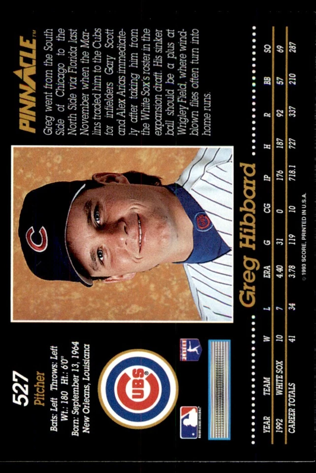 1993 Pinnacle Greg Hibbard Chicago Cubs #527 - Image 2 of 2