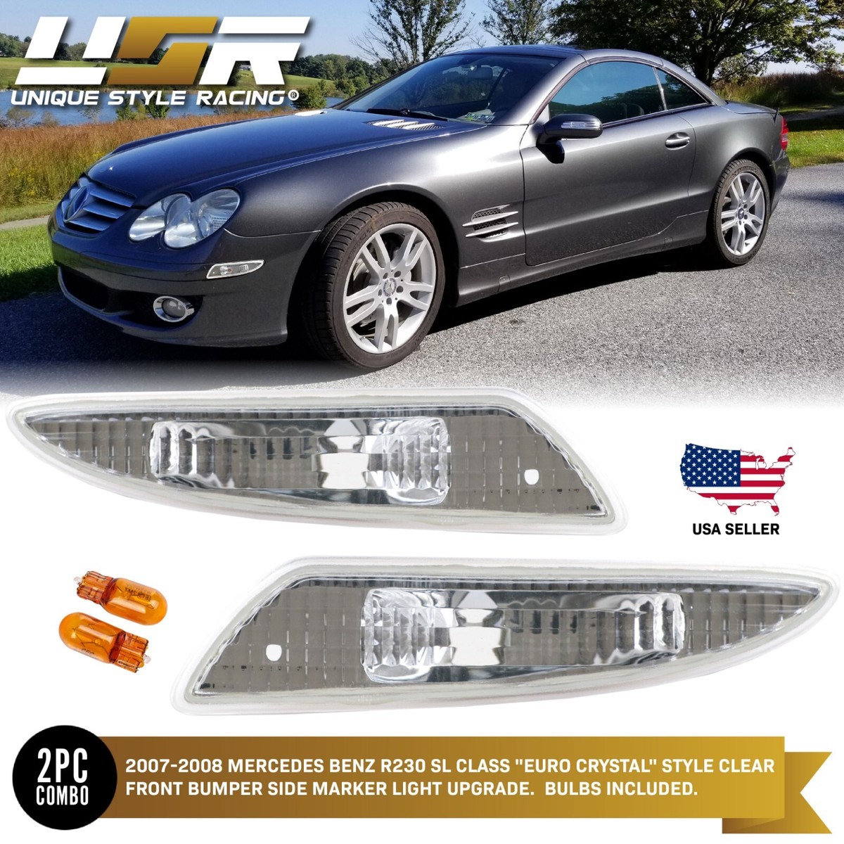 Clear Bumper Side Marker Lights Pair For 2007-2008 Mercedes Benz
