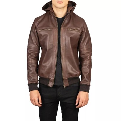 Men's Brown Soft Lambskin Real Leather Bomber Biker Hoodie
