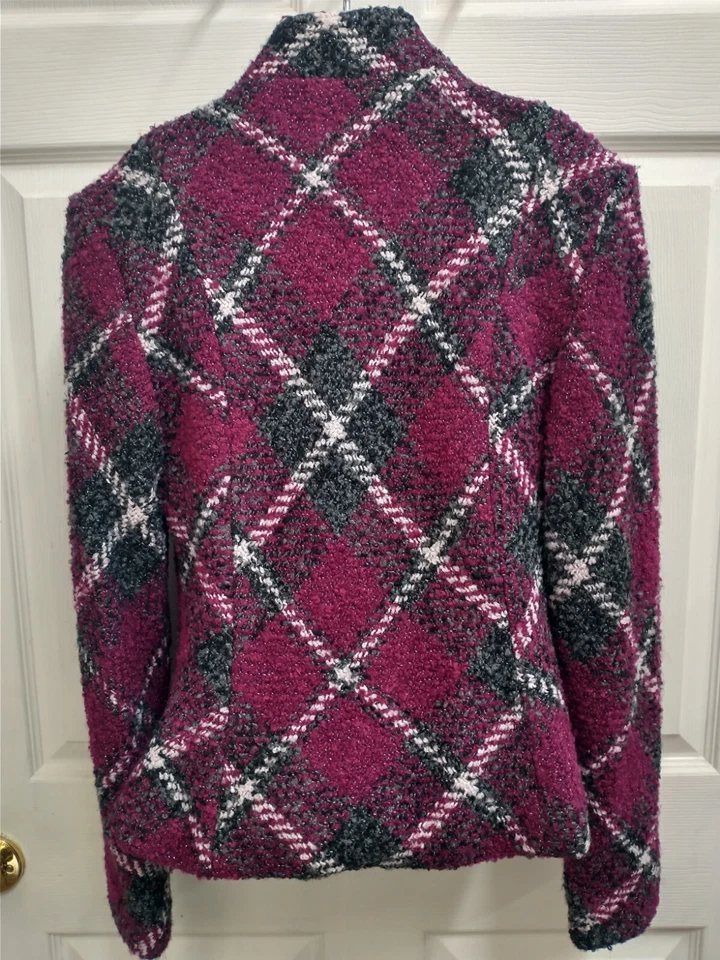 Joseph Ribkoff Tweed Wool Blazer Magenta Plaid Vintage Jacket Button  Size 10 - Image 3 of 4