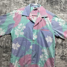 Vtg Hilo Hattie Men  s L Hawaiian Tropical Floral Shirt Pastel Pink Purple Camp