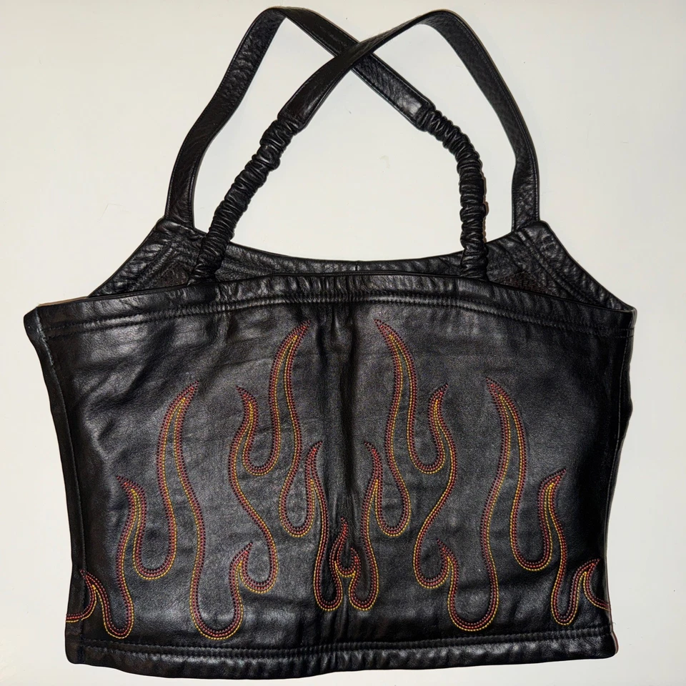 RARE Vintage Harley-Davidson Embroidered Flames Leather Bustier Crop Top - XS/S - Image 4 of 4
