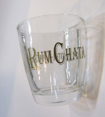 Rum Chata Shot-A-Chata Divided 2 Section Clear Glass Shot Glass Gold Lettering