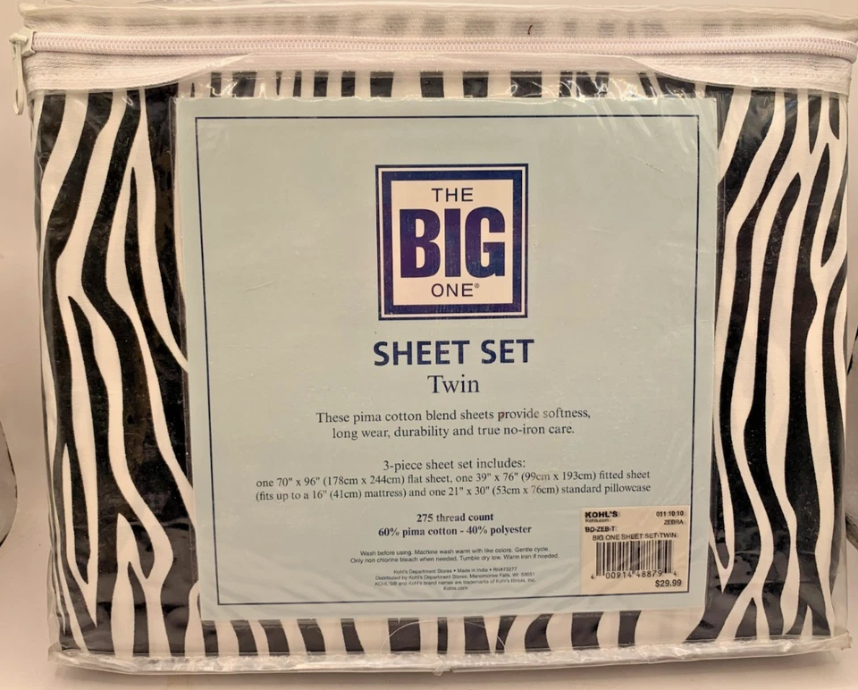 Twin Size Sheet Set Super Soft Pima Cotton 275 Thread Count 3 Pc Set Zebra Print - Image 2 of 3