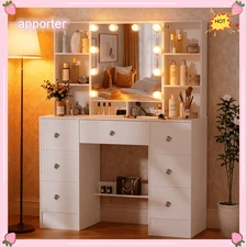 Hollywood Makeup Desk Vanity 7 Drawers Dressing Table Set W/ LED Lights Mirror