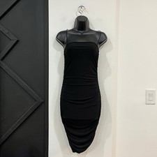 Pretty Little Thing Black Bodycon Ruched Dress US 4 UK 8 Strappy Party Cocktail