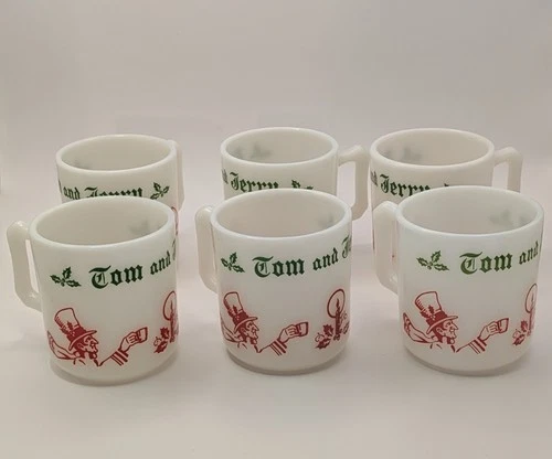 Tom and Jerry Hazel Atlas Mug Christmas Holiday White Milk Glass 6 Piece Vintage