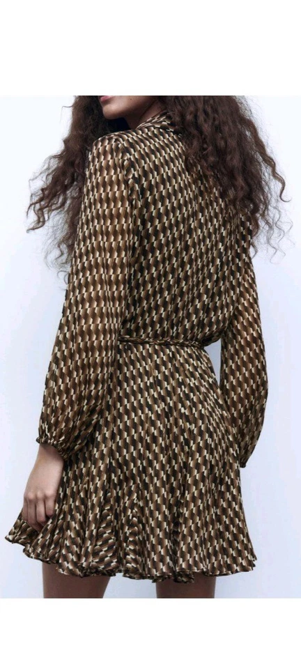 ZARA GEO PRINT Metallic GOLD THREAD VOLUMINOUS RUFFLE HEM SKATER DRESS - L - NEW - Image 3 of 4