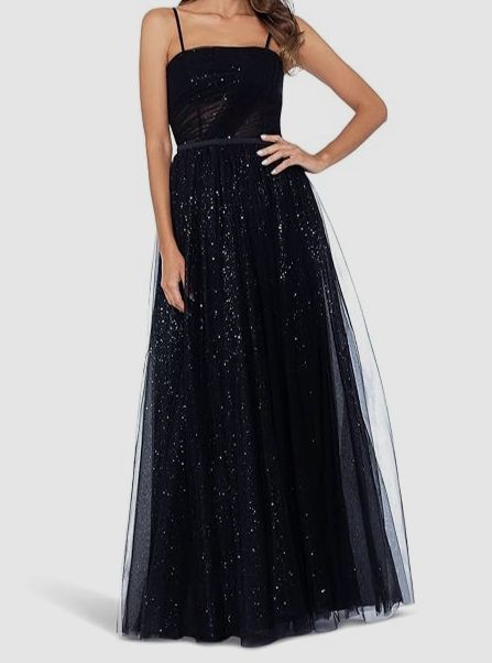 Betsy & Adam Womens Black Long Square Neck Glitter Mesh Ball Gown Size 4