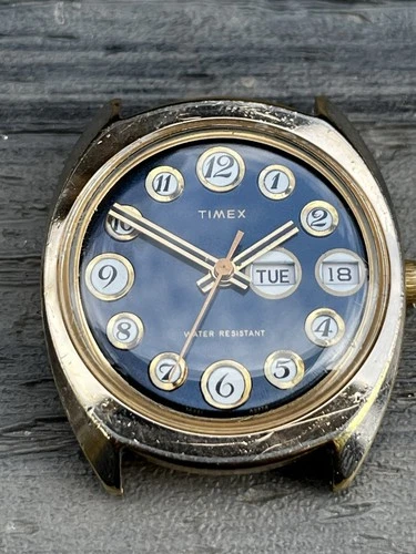 Vintage Timex Blue Telephone Dial Day Date Watch. Serviced And Running