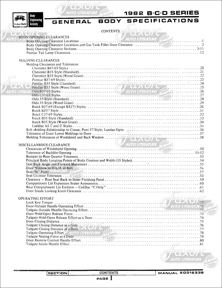Especificaciones de carrocería 1982 manual de montaje Buick Cadillac Chevrolet Olds Pontiac Foto 2 de 4
