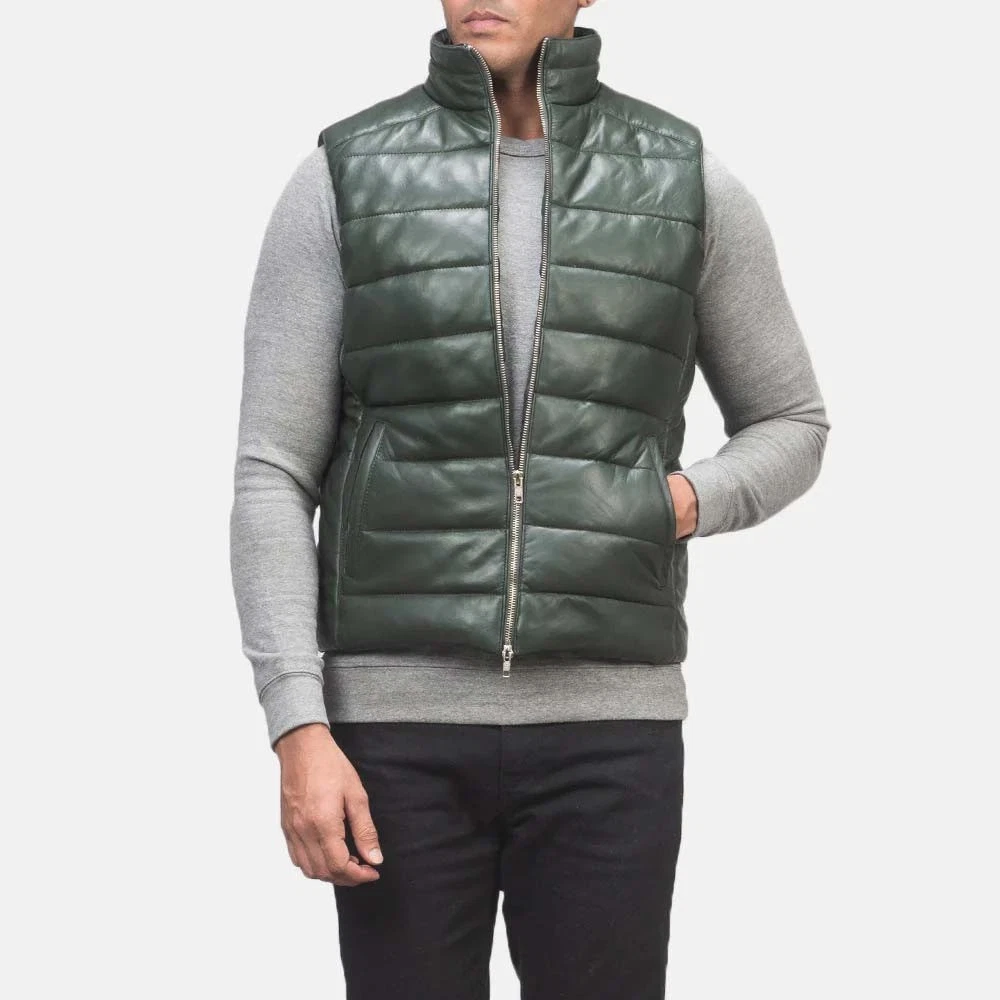 Men’s Olive Green Puffer Vest Quilted Sleeveless Jacket Zip Up Lightweight Coat