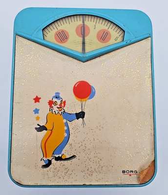 Vintage Borg Children's Bathroom Scale With Clown Design On Linoleum Deck