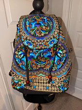 Boho Embroidered Floral Backpack Black Blue Multicolor Drawstring Festival Bag
